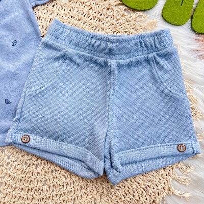 Conj. Camiseta Green Vibes Only e Bermuda em Linho - Azul Jeans